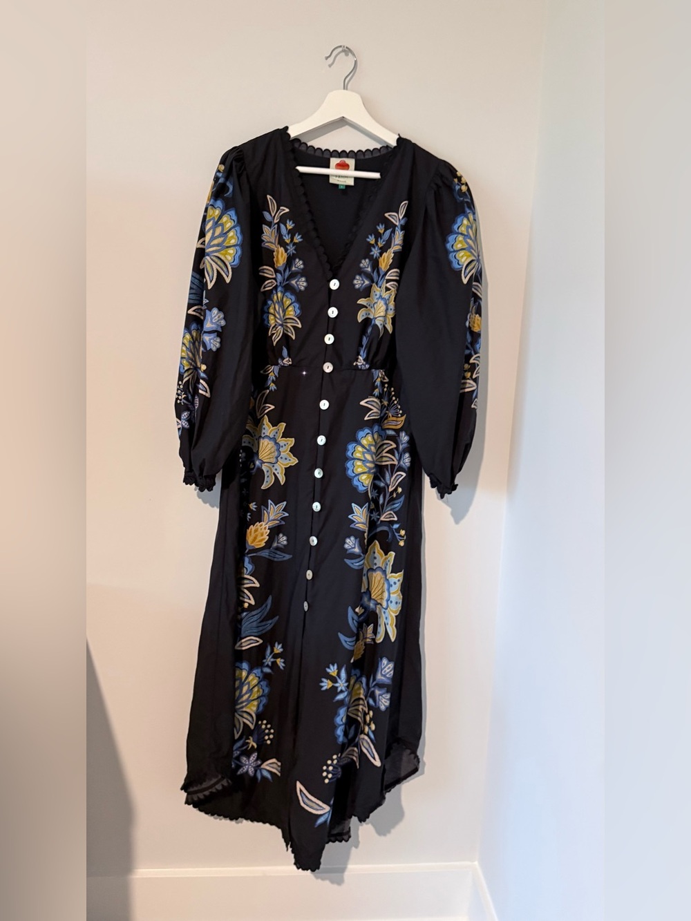 FARM Rio Stitched Garden Floral Black Midi Dress Fairycore Boho Women L Vacation - Picture 10 of 16